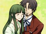  1girl blue_eyes brown_hair couple facial_hair fate/zero fate_(series) formal goatee green_hair hetero husband_and_wife long_hair naiya suit toosaka_aoi toosaka_tokiomi 