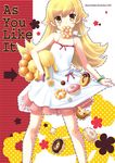  bare_shoulders blonde_hair blush_stickers carrying_under_arm choco_fashion doughnut dress english food ikegami_akane long_hair looking_at_viewer mister_donut monogatari_(series) mouth_hold nisemonogatari old-fashioned_doughnut oshino_shinobu pointy_ears pon_de_lion pon_de_ring white_dress yellow_eyes 