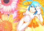  :d aqua_eyes aqua_hair bad_id bad_pixiv_id braid fairy_wings flower from_above highres looking_at_viewer on_flower open_mouth original rowya sitting smile solo thigh_gap twin_braids wings 