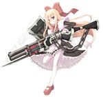  alternate_weapon bayonet blonde_hair blue_eyes bow gunlance hair_bow long_hair mochiki pantyhose shanghai_doll shield smoke solo touhou weapon white_legwear 