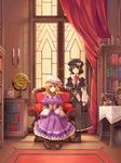  adapted_costume armillary_sphere blonde_hair book bookshelf brown_eyes brown_hair candle clock corded_phone corset embellished_costume hakurei_reimu hat highres maribel_hearn multiple_girls phone room rotary_phone short_hair sitting smile touhou usami_renko windart yukkuri_shiteitte_ne 