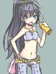  bare_shoulders belt black_hair blue_eyes blush bottle ganaha_hibiki hand_on_hip idolmaster idolmaster_(classic) jewelry long_hair midriff navel necklace open_mouth pink_diamond_765 ponytail solo sweat ueshita very_long_hair water_bottle 