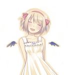  :d ^_^ arms_behind_back bad_id bad_pixiv_id blonde_hair blush closed_eyes detached_wings dress hairband head_tilt megumu mini_wings open_mouth original short_hair simple_background sketch smile solo white_background wings 