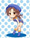  blue_napoleon blush brown_eyes brown_hair chibi hand_on_own_head hat idolmaster idolmaster_cinderella_girls kawashima_mizuki leaning long_hair masuyama_kei ponytail solo 