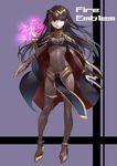  anklet black_hair bodysuit book bracelet breasts cape cleavage copyright_name fire_emblem fire_emblem:_kakusei full_body gan_(shanimuni) headdress high_heels highres jewelry loincloth long_hair magic navel purple_background red_eyes shoes small_breasts solo tharja two_side_up 