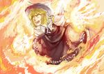  2011 absurdres angry black_dress blonde_hair crazy crazy_eyes dated dress fire hat highres open_mouth shinigami_wyvern short_hair signature solo touhou touhou_(pc-98) yuki_(touhou) 