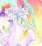  1girl amata_sora aquarion_(series) aquarion_evol bare_shoulders bow bridal_veil bride dress elbow_gloves formal gloves hair_bun hair_ornament highres kawashi mikono_suzushiro orange_hair purple_hair veil wedding wedding_dress 