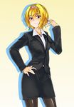  alice_margatroid alternate_costume black_legwear blonde_hair blue_eyes formal hairband hand_on_hip highres jacket pantyhose pencil_skirt sagara1990 short_hair skirt skirt_suit solo suit touhou 