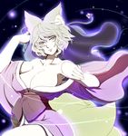  alternate_costume animal_ears bare_shoulders bell blonde_hair breasts cleavage collarbone dearmybrothers fox_ears fox_tail highres japanese_clothes kimono large_breasts multiple_tails no_hat no_headwear obi off_shoulder parted_lips sash short_hair smile solo tail touhou yakumo_ran yellow_eyes 