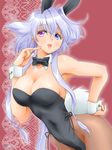  animal_ears armpits blue_hair bow bowtie breasts bunny_ears bunny_tail bunnysuit cleavage detached_collar hand_on_hip heterochromia large_breasts lavolpe_(yagisaka_seto) lips long_hair open_mouth original pantyhose solo tail wrist_cuffs yagisaka_seto 