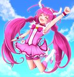  ^_^ arm_up bike_shorts boots bow choker closed_eyes cloud cure_happy hoshizora_miyuki knee_boots long_hair magical_girl pink_bow pink_choker pink_hair pink_shorts pink_skirt precure shorts skirt sky smile_precure! solo tiara twintails yuki_(siroikona) 