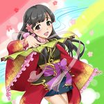  :d black_eyes black_hair blush fan flower folding_fan hair_flower hair_ornament idolmaster idolmaster_cinderella_girls japanese_clothes kobayakawa_sae long_hair open_mouth skirt smile solo t-hiko 