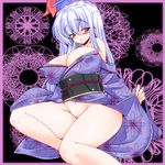  blue_hair breasts cleavage groin hat huge_breasts japanese_clothes kamishirasawa_keine kimono long_hair no_panties open_clothes open_skirt pubic_hair red_eyes sitting skirt solo tanaka_ginji thighs touhou 