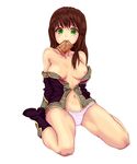  absurdres bad_id bad_pixiv_id bare_shoulders breasts brown_hair chocolate green_eyes happy_birthday highres long_hair mouth_hold nigouu nipples off_shoulder panties setsuko_ohara simple_background sitting small_breasts solo super_robot_wars_z thighs underwear wariza white_background 