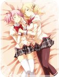  bad_id bad_pixiv_id blonde_hair border breasts closed_eyes drill_hair hair_ornament hair_ribbon holding_hands kaname_madoka large_breasts lying mahou_shoujo_madoka_magica mikecha multiple_girls on_back on_bed on_side pantyhose pink_hair plaid plaid_skirt pleated_skirt ribbon school_uniform short_twintails skirt thighhighs tomoe_mami twintails white_legwear yellow_eyes 