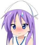  bare_shoulders blue_eyes blush collarbone cosplay frown hat hiiragi_kagami ikamusume ikamusume_(cosplay) long_hair lucky_star momo_(esem) purple_hair shinryaku!_ikamusume simple_background solo sweatdrop tsurime twintails wavy_mouth white_background 