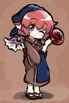  animal_ears apron bad_id bad_pixiv_id blush_stickers brown_kimono chibi fan head_scarf japanese_clothes kimono mesou-san mystia_lorelei no_nose obi okamisty one_eye_closed paper_fan sandals sash short_hair solo tabi touhou uchiwa wings yukata 