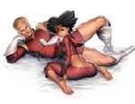  1girl amy_wong ass barefoot black_hair blonde_hair boots butt_crack commentary feet futurama gloves highres leash looking_back lying midriff on_side revision saejin_oh sitting smile soles sweatsuit wariza zapp_brannigan 