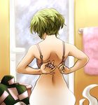  back bottomless bra dress from_behind ghost_tail green_dress green_hair lingerie mutsuki_(tsugaidanuki) short_hair soga_no_tojiko solo touhou towel underwear underwear_only undressing upper_body 