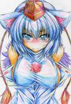  animal_ears bare_shoulders blue_eyes breasts colored_pencil_(medium) covered_nipples detached_sleeves hat highres inubashiri_momiji kitazinger large_breasts looking_at_viewer no_bra short_hair silver_hair solo tokin_hat touhou traditional_media upper_body wolf_ears 