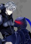  armor berserker_(fate/zero) black_eyes fate/zero fate_(series) fu_yukari full_armor grey_hair helmet heterochromia hood hoodie knight male_focus matou_kariya multiple_boys silver_hair white_eyes 