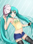  aqua_eyes aqua_hair bracelet character_name clothes_writing hat hatsune_miku highres jewelry loli-pig long_hair midriff nail_polish necklace solo spring_onion striped striped_legwear thighhighs twintails unbuttoned very_long_hair vocaloid 