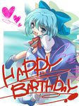  bent_over blue_eyes blue_hair blush bow cirno engrish hair_bow happy_birthday heart looking_at_viewer open_mouth ranguage short_hair smile solo takase_muu touhou 