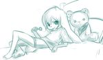  aogami barefoot bed candy clothing cub female hair human lagomorph loli lollipop looking_at_viewer lying male mammal monochrome not_furry on_back paws pillow plain_background rabbit solo teddy teddy_bear white_background young 