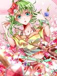  bare_shoulders belt bow bracelet green_eyes green_hair gumi hair_bow hair_ornament hairclip highres jewelry looking_at_viewer makeup nail_polish nou open_mouth short_hair solo vocaloid 