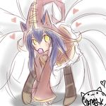  ahri animal_ears candy ears_through_headwear food fox_tail hat heart league_of_legends leaning_forward lollipop long_hair looking_at_viewer lulu_(league_of_legends) multiple_tails neko_baby pointy_ears purple_hair solo tail whiskers witch_hat yellow_eyes 