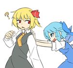  ? blonde_hair blue_eyes blue_hair bow cirno hair_bow hihachi multiple_girls pushing red_eyes rumia short_hair simple_background touhou white_background 