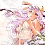  alternate_costume bare_shoulders bow breasts covered_nipples crescent flower from_below hair_bow haruhina_purple hat large_breasts long_hair open_mouth patchouli_knowledge purple_hair solo touhou upper_body 