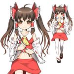  ahoge alternate_hairstyle aosode ascot bow brown_eyes brown_hair clog_sandals detached_sleeves gohei hair_bow hair_tubes hakurei_reimu long_hair looking_at_viewer midriff navel oonusa sidelocks smile solo thighhighs touhou twintails white_legwear 