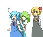  arms_behind_back blonde_hair blue_hair blush bow cirno closed_eyes daiyousei green_eyes green_hair hair_bow hair_ribbon hairdressing height_difference hihachi multiple_girls musical_note necktie ribbon rumia side_ponytail simple_background smile touhou white_background 