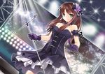  bad_id bad_pixiv_id bare_shoulders black_gothic_dress_(idolmaster) breasts brown_hair dress elise_(piclic) gloves green_eyes hat idolmaster idolmaster_cinderella_girls long_hair medium_breasts microphone microphone_stand open_mouth shibuya_rin smile solo 