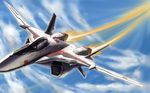  aircraft airplane cloud day flying henry_gilliam highres jet macross macross_frontier mecha pilot_suit raybar saotome_alto sky variable_fighter vf-25 