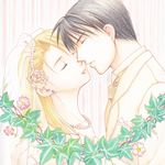  1girl black_hair blonde_hair couple flower formal fullmetal_alchemist hetero jewelry kochou necklace pearl_necklace riza_hawkeye roy_mustang suit white_suit 