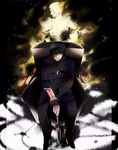  aonome armor azoth_knife black_hair blonde_hair chair command_spell cross dagger earrings fate/zero fate_(series) gilgamesh jewelry kotomine_kirei male_focus multiple_boys red_eyes sitting sleeves_rolled_up weapon 