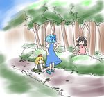  animal_ears black_hair blonde_hair blue_hair bow bunny_ears cirno comic dirty dress hair_bow hihachi inaba_tewi multiple_girls pitfall red_eyes rumia short_hair silent_comic thumbs_up touhou 