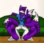  4_toes blue_clothing breasts canine cleavage clothed clothing edit female foreshortening fox hindpaw looking_at_viewer mammal paws plantigrade purple purple_body purple_eyes redfeathers sofa soles solo toes white_clothing 