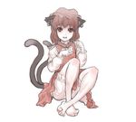  animal_ears barefoot bloomers brown_eyes brown_hair cat_ears cat_tail chen earrings feet full_body hat jewelry kuro_suto_sukii multiple_tails open_mouth sitting solo tail touhou underwear 