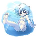  bare_arms bare_shoulders barefoot bikini blue_bikini blue_eyes blue_hair blue_shirt blush borrowed_character collarbone eyebrows_visible_through_hair feet fish full_body no_nose original oyatsu_(mk2) shirt short_hair soles solo swimsuit tank_top toes underwater wavy_hair white_skin 