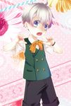  30-sai_no_hoken_taiiku blue_eyes blush buttons fang grey_hair macaron_(30-sai_no_hoken_taiiku) male_focus open_mouth ribbon solo v 