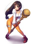  ankle_boots black_hair blouse blue_eyes blush bodysuit boots breasts buckle choker cleavage collarbone corset final_fantasy final_fantasy_ix full_body garnet_til_alexandros_xvii gloves high_heel_boots high_heels holding holding_wand holding_weapon leaning_forward light_smile long_hair long_sleeves looking_at_viewer low-tied_long_hair medium_breasts mondi orange_bodysuit pigeon-toed puffy_long_sleeves puffy_sleeves red_footwear red_gloves ribbon shadow shirt simple_background smile solo staff standing thigh_strap unitard very_long_hair wand weapon white_background 