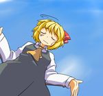  ascot blonde_hair closed_eyes dirty dress from_below hihachi rumia short_hair shrug smile solo touhou 