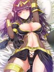  alternate_costume ass_visible_through_thighs bad_id bad_pixiv_id bed black_hair blush bodysuit book bracelet breasts bridal_gauntlets cameltoe cleavage elbow_gloves fire_emblem fire_emblem:_kakusei gloves hair_in_mouth highres jewelry large_breasts long_hair lying matanonki mouth_hold navel pillow purple_eyes purple_hair skin_tight solo sweat tharja thick_thighs thigh_strap thighs tiara 
