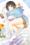  ass bad_id bad_pixiv_id black_hair blue_eyes blush full_body legs lying male_focus on_side open_mouth original pillow pillow_hug shorts shota_otouto single_sock sino_(sionori) socks solo tears 