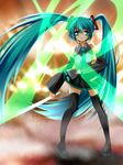  bare_shoulders detached_sleeves green_eyes green_hair hatsune_miku kamen_rider kamen_rider_black_rx_(series) long_hair looking_at_viewer necktie parody revolcane skirt solo spring_onion takase_muu thighhighs twintails very_long_hair vocaloid 