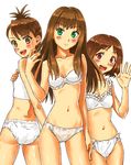  arimura_yuu ass blush bow bow_panties bra brown_eyes brown_hair futami_ami green_eyes hidaka_ai idolmaster idolmaster_(classic) idolmaster_cinderella_girls idolmaster_dearly_stars lingerie long_hair looking_back multiple_girls navel panties red_eyes shibuya_rin short_hair smile underwear underwear_only waving white_bra white_panties 