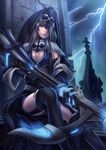  black_gloves black_legwear bow_(weapon) breasts cleavage crossbow gloves hair_over_one_eye hood huge_weapon kaizeru lightning long_hair medium_breasts night nun original parted_lips red_eyes silver_hair sitting solo thighhighs weapon 